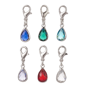 Teardrop Glass Pendant Decoration, Alloy Lobster Clasp Charms, for Keychain, Purse, Backpack Ornament, Mixed Color, 26mm, 6pcs/set