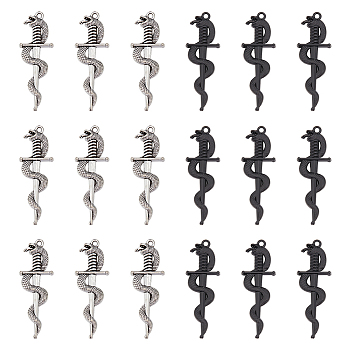 40Pcs 2 Colors Alloy Pendants, Sword with Snake Charm, Mixed Color, 39.5x13.5x2.8mm, Hole: 1.5mm, 20pcs/color