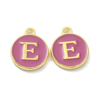 Golden Plated Alloy Enamel Charms, Cadmium Free & Lead Free, Enamelled Sequins, Flamingo, Flat Round with Letter, Letter.E, 14x12x2mm, Hole: 1.4mm