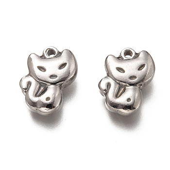 201 Stainless Steel Pendants, Cat, Stainless Steel Color, 15.5x11x3.5mm, Hole: 1.5mm