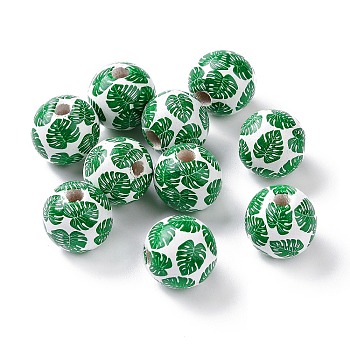 Summer Hawaii Theme Schima Wood European Beads, Large Hole Beads, Round with Monstera, Leaf Pattern, 15~16mm, Hole: 4mm