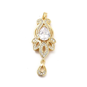 Brass Micro Pave Clear Cubic Zirconia Pendants, with Glass, Flower, Real 18K Gold Plated, 44x17x7mm, Hole: 5x2.5mm