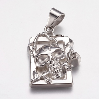 304 Stainless Steel Pendants, Rectangle with Skull, Stainless Steel Color, 37x26x8mm, Hole: 7x9mm