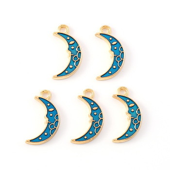 Alloy Enamel Pendants, Moon, Light Gold, Steel Blue, 17x9x1.5mm, Hole: 1.6mm