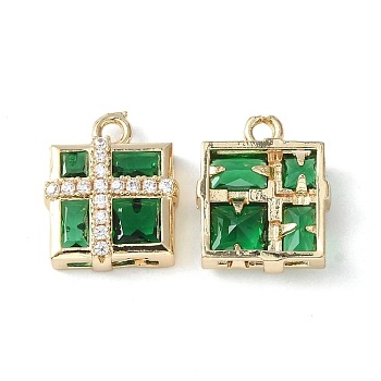 Brass Pave Cubic Zirconia Pendants, Light Gold, Gift Box Charm, Green, 15x12.5x5mm, Hole: 1.6mm