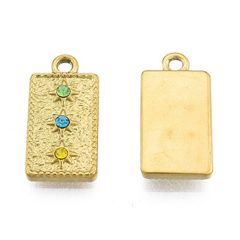 304 Stainless Steel Pendants, with Colorful Rhinestone, Rectangle with Star, Real 18K Gold Plated, 20.5x10x2.5mm, Hole: 1.6mm