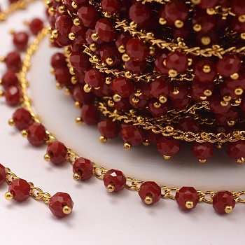 3.28 Feet Handmade Glass Beaded Chains, Soldered, with Brass Findings, Dark Red, 7x4mm
