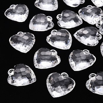 Transparent Acrylic Pendants, Faceted, Heart, Clear, 31.5x29x12.5mm, Hole: 4mm