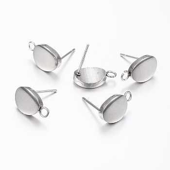 304 Stainless Steel Stud Earring Findings, with Loop, Egg Shape, Stainless Steel Color, Pin: 0.8mm, 12x7x2mm, Hole: 2mm