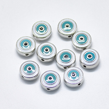 Alloy Enamel Beads, Flat Round with Eye, Platinum, Dark Cyan, 10x5mm, Hole: 1.2mm