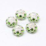 Alloy Rhinestone European Beads, Large Hole Beads, Rondelle, Silver Metal Color, Peridot, 11x6mm, Hole: 5mm(X-CPDL-H999-8)