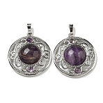Natural Amethyst Pendants, Rack Plating Brass Hollow Flat Round Charms, Cadmium Free & Lead Free, Platinum, 36.5x33x9.5mm, Hole: 7.5x5mm(G-Q158-03F)