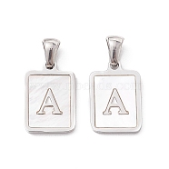 304 Stainless Steel Pave Shell Pendants, Rectangle Charm, Stainless Steel Color, Letter A, 17.5x12x1.5mm, Hole: 3x5mm(STAS-G327-01P-A)