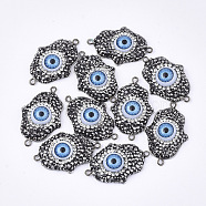 Polymer Clay Rhinestone Links connectors, with 304 Stainless Steel Findings and Resin, Hamsa Hand/Hand of Fatima/Hand of Miriam with Evil Eye, Stainless Steel Color, 33~35x22.5x7~8mm, Hole: 1.6mm(RB-T010-10)