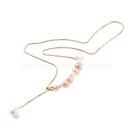 Adjustable Brass Lariat Necklaces, with Natural Pearl Beads, Seashell Color, Golden, 20.47 inch(52cm)(NJEW-JN03446-04)