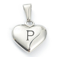 304 Stainless Steel Pendants, Heart with Black Letter, Stainless Steel Color, Letter.P, 16x16x4.5mm, Hole: 7x3mm(X-STAS-P278-01P-P)
