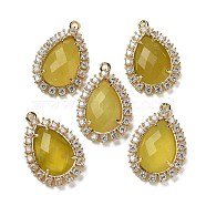 Natural Korean Jade Faceted Teardrop Pendants, Rack Plating Brass Micro Pave Clear Cubic Zirconia Drop Charms, Golden, 25x16.5x5.5mm, Hole: 1.4mm(G-I375-01G-05)