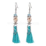 Synthetic Turquoise Skull Dangle Earrings, 316 Surgical Stainless Steel Tassel Earrings for Halloween, Turquoise, 77~79mm, Pin: 0.7mm(EJEW-TA00235-02)