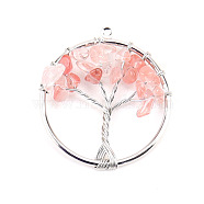 Cherry Quartz Glass Tree fo Life Pendants, Iron Ring Chip Gems Tree Charms, Platinum, 30mm(WG82707-02)
