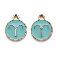 Alloy Enamel Pendants, Flat Round with Constellation/Zodiac Sign, Aries, Light Sea Green, Light Gold, 22x18x2mm, Hole: 1.5mm(ENAM-S124-01A-13A)