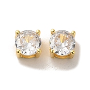 Brass with  Single Clear  Cubic Zirconia Bead, Round, Real 18K Gold Plated, 6x6x4.5mm, Hole: 3.5mm(KK-H461-09A-G)