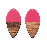 Transparent Resin & Walnut Wood Pendants, Teardrop Shape Charm, Hot Pink, 38x18x3mm, Hole: 2mm(RESI-N025-031-C06)