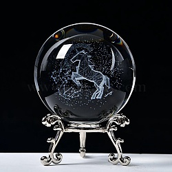 Carving Crystal Ball, Glass Sphere Decoration, with Platinum Tone Alloy Stand, Clear, Unicorn, 60mm(PW-WG57829-04)