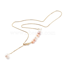Adjustable Brass Lariat Necklaces, with Natural Pearl Beads, Seashell Color, Golden, 20.47 inch(52cm)(NJEW-JN03446-04)
