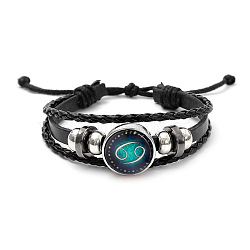 Imitation Leather Triple Layer Multi-strand Bracelets, Luminous Alloy Glass Constellations Theme Adjustable Bracelets for Men, Cancer, 5-7/8~11-3/4 inch(15~30cm)(FS-WGC42D3-06)