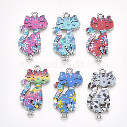 Printed Alloy Kitten Links connectors, with Enamel, Cartoon Cat, Platinum, Mixed Color, 29.5x16.5x2mm, Hole: 1.8mm(X-PALLOY-S118-14)