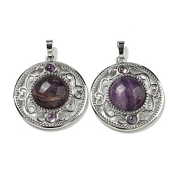 Natural Amethyst Pendants, Rack Plating Brass Hollow Flat Round Charms, Cadmium Free & Lead Free, Platinum, 36.5x33x9.5mm, Hole: 7.5x5mm(G-Q158-03F)