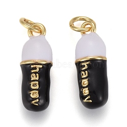 Brass Enamel Pendants, with Jump Rings, Long-Lasting Plated, Pill Bar Shape with Word Happy, Black, Real 18K Gold Plated, 17x6mm, Hole: 3mm(KK-F821-51A-G)