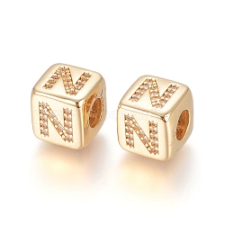 Brass Micro Pave Cubic Zirconia European Beads, Horizontal Hole, Large Hole Beads, Long-Lasting Plated, Cube with Letter, Golden, Clear, Letter.N, 9x9x9.5mm, Hole: 4.5mm(ZIRC-G162-13G-N)