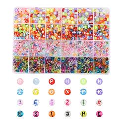 1200Pcs 4 Style Transparent Acrylic Beads, Horizontal Hole, Flat Round with Random Letter, Mixed Color, 7x3.5~4mm, Hole: 1.2~1.8mm(TACR-YW0001-25)