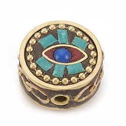 Handmade Indonesia Beads, with Raw(Unplated) Brass Findings, Flat Round, Turquoise, 17x9mm, Hole: 2mm(IPDL-N001-34)