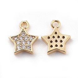 Brass Cubic Zirconia Charms, Star, Clear, Real 18K Gold Plated, 9x8x2mm, Hole: 1mm(X-KK-S348-439)