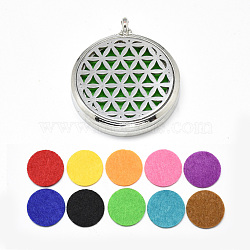 Alloy Diffuser Locket Pendants, with Flower 304 Stainless Steel Findings and Random Single Color Non-Woven Fabric Cabochons Inside, Magnetic, Flat Round, Random Single Color, 39.5x34x6.5mm, Hole: 3.5mm(PALLOY-Q352-29)