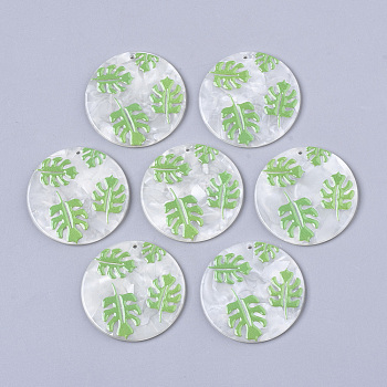 Cellulose Acetate(Resin) Pendants, Tropical Leaf Charms, 3D Printed, Flat Round, Monstera Leaf Pattern, Lime Green, 39x2.5mm, Hole: 1.6mm