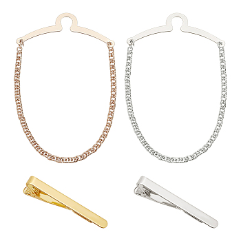 Brass Tie Clip, with Hanging Chains Collar Pins Tie Clips, Rectangle, Mixed Color, 53x5x17mm