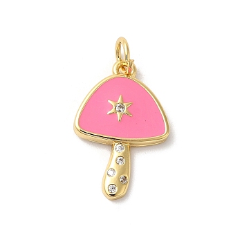 Autumn Theme Rack Plating Brass Cubic Zirconia Pendants, with Enamel and Jump Ring, Long-Lasting Plated, Cadmium Free & Lead Free, Star with Mushroom, Real 18K Gold Plated, Pink, 18.5x12x2mm, Hole: 3mm