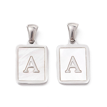 304 Stainless Steel Pave Shell Pendants, Rectangle Charm, Stainless Steel Color, Letter A, 17.5x12x1.5mm, Hole: 3x5mm