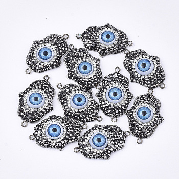 Polymer Clay Rhinestone Links connectors, with 304 Stainless Steel Findings and Resin, Hamsa Hand/Hand of Fatima/Hand of Miriam with Evil Eye, Stainless Steel Color, 33~35x22.5x7~8mm, Hole: 1.6mm