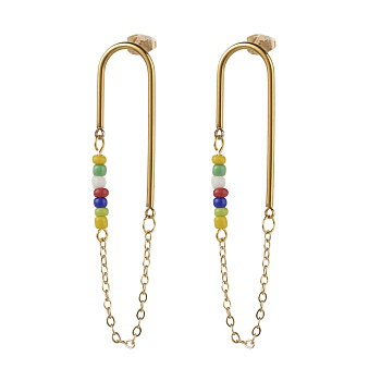 Chain Tassel with Glass Seed Beads Dangle Stud Earrings for Girl Women, 304 Stainless Steel Earrings, Golden, Colorful, 64x14x1.5mm, Pin: 0.7mm