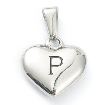 304 Stainless Steel Pendants, Heart with Black Letter, Stainless Steel Color, Letter.P, 16x16x4.5mm, Hole: 7x3mm