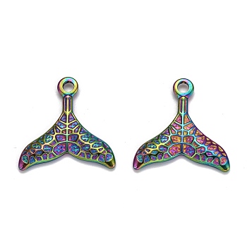 Ion Plating(IP) 304 Stainless Steel Charms, Textured, Fishtail, Rainbow Color, 26x25x3mm, Hole: 2.5mm