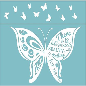 Self-Adhesive Silk Screen Printing Stencil, for Painting on Wood, DIY Decoration T-Shirt Fabric, Butterfly with There is So Much Beauty Waiting for Us, Sky Blue, 22x28cm