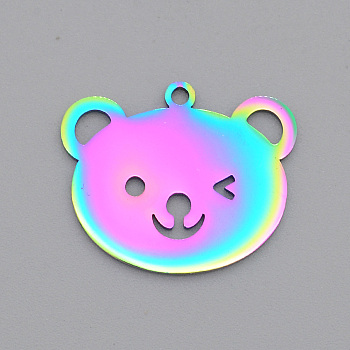 Ion Plating(IP) 201 Stainless Steel Pendants, Laser Cut, Bear, Rainbow Color, 19x23x1mm, Hole: 1.6mm