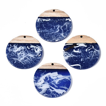 Opaque Resin & Walnut Wood Pendants, Two Tone, Flat Round, Blue, 38.5x3.5mm, Hole: 2mm
