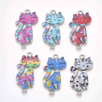 Printed Alloy Kitten Links connectors, with Enamel, Cartoon Cat, Platinum, Mixed Color, 29.5x16.5x2mm, Hole: 1.8mm