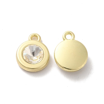 Alloy Pendant, with Glass, Light Gold, Lead Free & Cadmium Free, Falt Round Charm, Clear, 12.5x10x4mm, Hole: 1.5mm